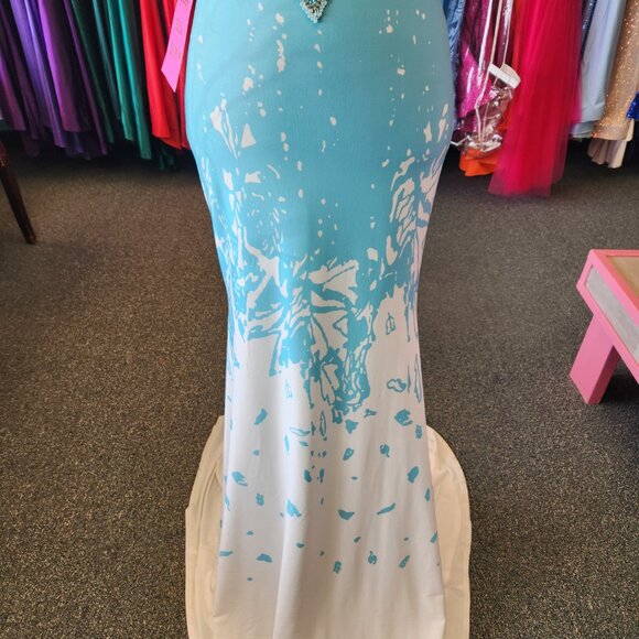 Envious 17119 Size 6 Aqua/Ivory Jersey Knit Print Prom Dress Evening Formal - Picture 3 of 9